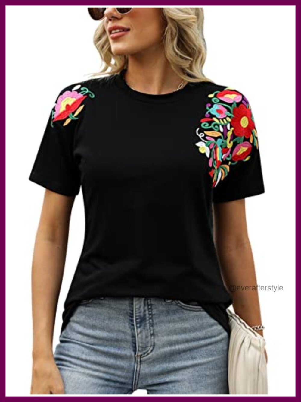 Embroidered Mexican Floral Tunic Top Short Sleeve Round Neck Summer Blouse